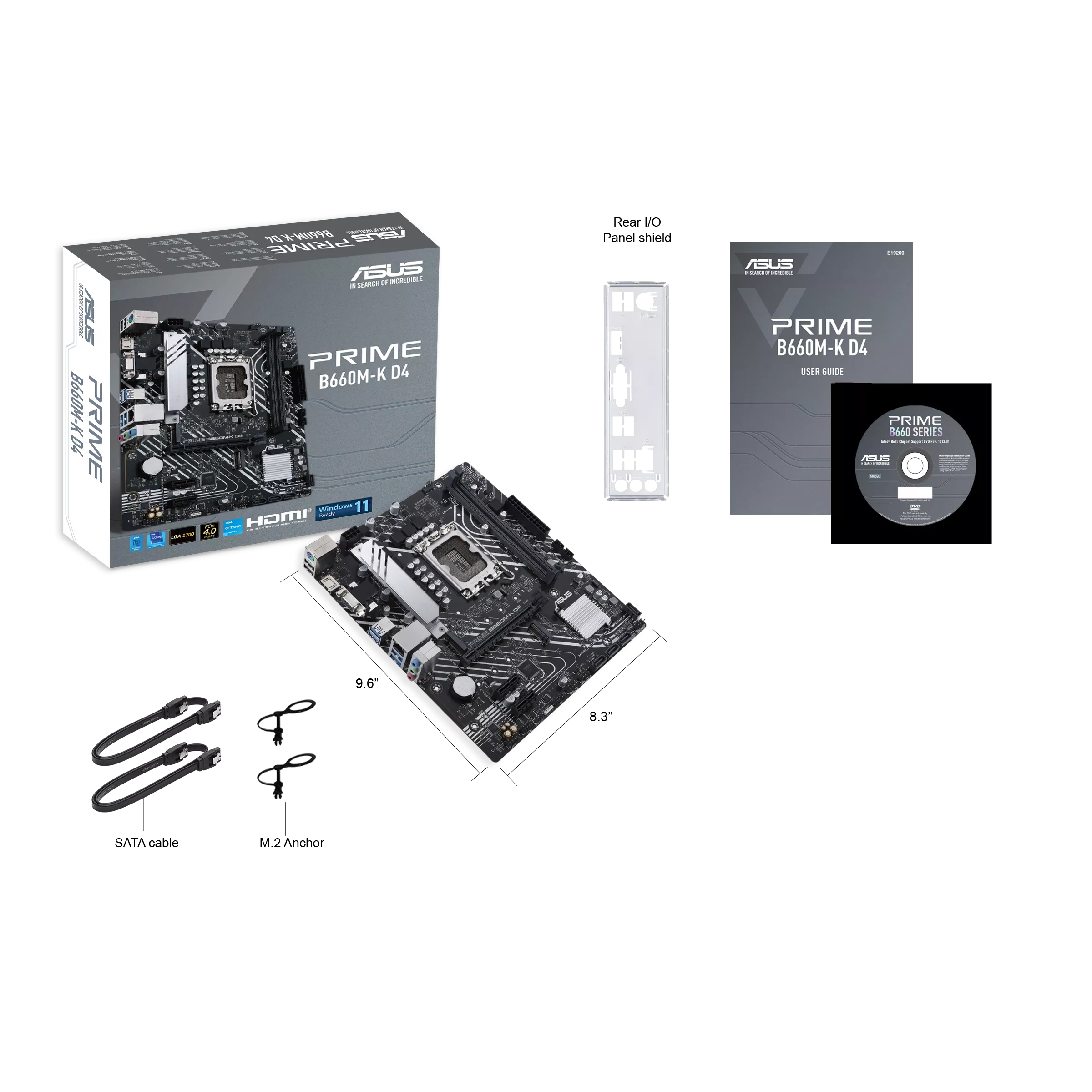 مادربرد ایسوس PRIME B660M-K D4 با جعبه و اقلام داخل بسته‌بندی